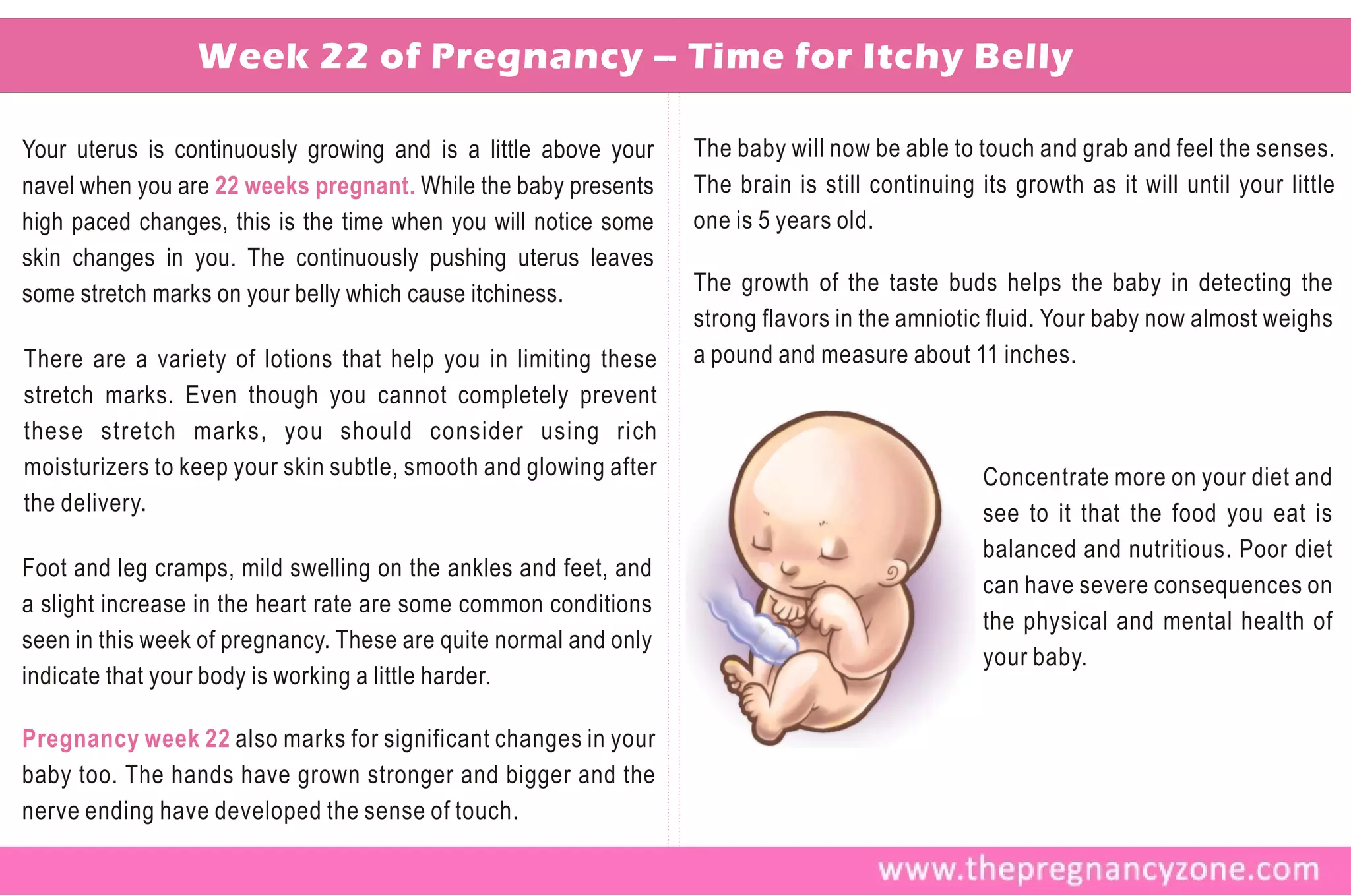 Week 22 of Pregnancy – Time for Itchy Belly

Your uterus is continuously growing and is a little above your    The baby will now be able to touch and grab and feel the senses.
navel when you are 22 weeks pregnant. While the baby presents     The brain is still continuing its growth as it will until your little
high paced changes, this is the time when you will notice some    one is 5 years old.
skin changes in you. The continuously pushing uterus leaves
some stretch marks on your belly which cause itchiness.           The growth of the taste buds helps the baby in detecting the
                                                                  strong flavors in the amniotic fluid. Your baby now almost weighs
There are a variety of lotions that help you in limiting these    a pound and measure about 11 inches.
stretch marks. Even though you cannot completely prevent
these stretch marks, you should consider using rich
moisturizers to keep your skin subtle, smooth and glowing after                                  Concentrate more on your diet and
the delivery.                                                                                    see to it that the food you eat is
                                                                                                 balanced and nutritious. Poor diet
Foot and leg cramps, mild swelling on the ankles and feet, and
                                                                                                 can have severe consequences on
a slight increase in the heart rate are some common conditions
                                                                                                 the physical and mental health of
seen in this week of pregnancy. These are quite normal and only
                                                                                                 your baby.
indicate that your body is working a little harder.

Pregnancy week 22 also marks for significant changes in your
baby too. The hands have grown stronger and bigger and the
nerve ending have developed the sense of touch.
 