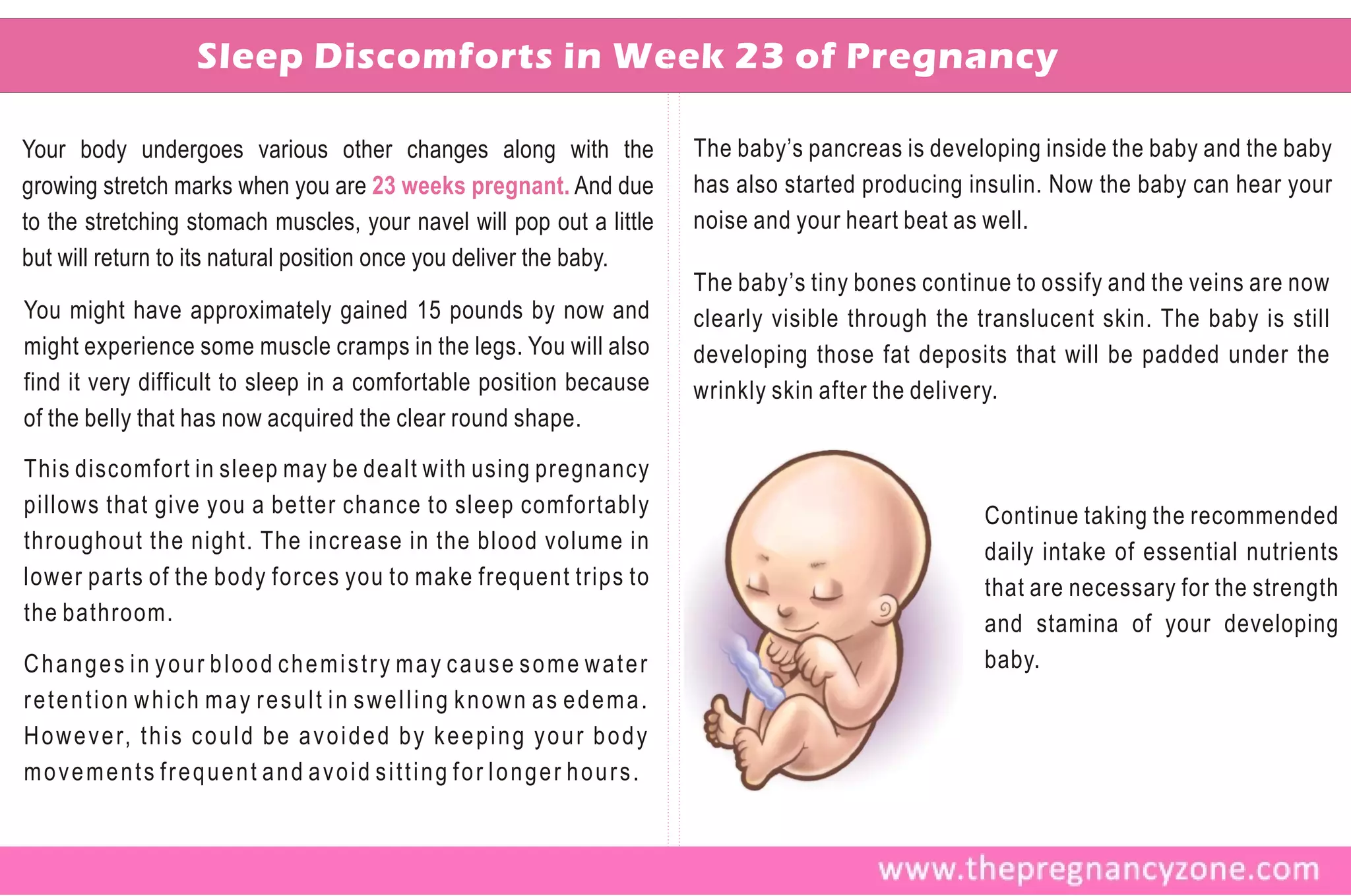 Sleep Discomforts in Week 23 of Pregnancy

Your body undergoes various other changes along with the                               The baby’s pancreas is developing inside the baby and the baby
growing stretch marks when you are 23 weeks pregnant. And due                          has also started producing insulin. Now the baby can hear your
to the stretching stomach muscles, your navel will pop out a little                    noise and your heart beat as well.
but will return to its natural position once you deliver the baby.
                                                                                       The baby’s tiny bones continue to ossify and the veins are now
You might have approximately gained 15 pounds by now and                               clearly visible through the translucent skin. The baby is still
might experience some muscle cramps in the legs. You will also                         developing those fat deposits that will be padded under the
find it very difficult to sleep in a comfortable position because                      wrinkly skin after the delivery.
of the belly that has now acquired the clear round shape.
This discomfort in sleep may be dealt with using pregnancy
pillows that give you a better chance to sleep comfortably                                                         Continue taking the recommended
throughout the night. The increase in the blood volume in                                                          daily intake of essential nutrients
lower parts of the body forces you to make frequent trips to                                                       that are necessary for the strength
the bathroom.                                                                                                      and stamina of your developing
Changes in your blood chemistry may cause some water                                                               baby.
retention which may result in swelling known as edema.
H o w e v e r, t h i s c o u l d b e a v o i d e d b y k e e p i n g y o u r b o d y
movements frequent and avoid sitting for longer hours.
 