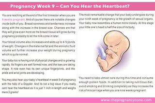 Pregnancy Week 9 – Can You Hear the Heartbeat?
You are reaching at the end of the first trimester when you are     The most remarkable change that your baby undergoes during
9 weeks pregnant . And of course there are notable changes          your ninth week of pregnancy is the growth of sexual organs.
inside both of you. Breast soreness and tenderness increase         Your baby now resembles a human more closely. At this stage
along with the increase in the breast size. Chances are that        your little one’s head is half the size of its body.
they will grow even more as the breast tissue will grow during
pregnancy probably to let the milk come in later.

Your blood volume also increases and adds up to 4-5 ponds
of weight. Changes in the maternal fat and the amniotic fluid
volume will further increase your weight during pregnancy
which is quite normal.

Your baby too is having a lot of physical changes and is growing
rapidly. Its fingers are well formed now, and the toes are taking
shape. It now even has its own unique fingerprints, and the
ankle and wrist joints are developing.
                                                                    You need to take utmost care during this time and consume
You may also hear your baby’s heartbeat in week 9 of pregnancy
                                                                    enough protein foods. In addition to taking nutritious diet,
with the help of a Doppler. And its not a big issue if you really
                                                                    avoid smoking and drinking completely as they increase the
cant hear the heartbeat as it is just 1 inch in length and weighs
                                                                    risk of miscarriage when you are nine weeks pregnant.
mere 2 grams!
 