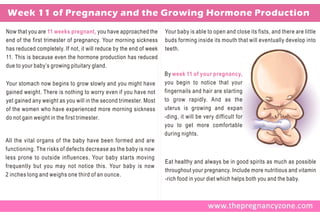 Week 11 of Pregnancy and the Growing Hormone Production
Now that you are 11 weeks pregnant, you have approached the         Your baby is able to open and close its fists, and there are little
end of the first trimester of pregnancy. Your morning sickness      buds forming inside its mouth that will eventually develop into
has reduced completely. If not, it will reduce by the end of week   teeth.
11. This is because even the hormone production has reduced
due to your baby’s growing pituitary gland.
                                                                    By week 11 of your pregnancy,
Your stomach now begins to grow slowly and you might have           you begin to notice that your
gained weight. There is nothing to worry even if you have not       fingernails and hair are starting
yet gained any weight as you will in the second trimester. Most     to grow rapidly. And as the
of the women who have experienced more morning sickness             uterus is growing and expan
do not gain weight in the first trimester.                          -ding, it will be very difficult for
                                                                    you to get more comfortable
                                                                    during nights.
All the vital organs of the baby have been formed and are
functioning. The risks of defects decrease as the baby is now
less prone to outside influences. Your baby starts moving
                                                                    Eat healthy and always be in good spirits as much as possible
frequently but you may not notice this. Your baby is now
                                                                    throughout your pregnancy. Include more nutritious and vitamin
2 inches long and weighs one third of an ounce.
                                                                    -rich food in your diet which helps both you and the baby.
 