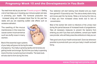 Pregnancy Week 15 and the Developments in You Both

You need more rest as you are now 15 weeks pregnant. Getting      Your abdomen will start looking more bloated and you might
a lot of rest helps you in boosting your immune system and also   have gained 5-10 pounds by now. The uterus slowly starts rising
in promoting your health. The hormonal production has             and moves past the hip bones. Relax a lot during this time as
  increased along with increased blood flow for the past few      it helps you from increased stress levels due to lack of
weeks and you are expecting sudden side effects such as            concentration.
excessive salivation.
                                                                  Most of the women fall victim to infections of the urinary tract
The swelling of the mucus                                         during this period because of increased levels of progesterone.
membranes in the nose too                                         Take all necessary measures to prevent the bacteria from
cause some inconvenience                                          entering you and if you face such problems, consult your health
such as stuffy nose in many                                       care provider, who will likely prescribe antibiotics to help you out.
women.
                                                                  Take good care of your health and eat well. Exercise whenever
Most of the essential organ systems                               possible to promote both your and your baby’s health and well
of your baby will grow a lot during this week                     being.
of pregnancy. Your baby is growing rapidly and its bones are
getting harder and stronger. By this time your baby is spending
most of its time in practicing how to breathe. The taste buds
will also start to form during this time.
 