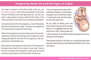 Pregnancy Week 35 and the Signs of Labor

You baby is around 5 and-a-half pounds when you are           If you are experiencing discomfort,
35 weeks pregnant. Due to the accumulation of fat under       swelling and fatigue, a careful body
the skin, the baby’s arms and legs plump up. By now, the      massage can be extremely helpful
baby is big enough to occupy almost all the place in the      in relieving the pain and also helps
uterus and there is very little room to make any movements.   you become stress-free.

During this last month of the pregnancy, most of the babies   As you might be feeling more and
gain around half pound a week. The baby now weights up        more anxious because of the nearing
to 5.5 pounds and is about 20 inches long.                    delivery, it is suggested that you take
                                                              some time to relax. Taking proper rest
Week 35 of pregnancy is the time when most of the women       is also necessary as the last few weeks of pregnancy are very
experience extreme mood swings. Even though the mood          stressful and exhausting.
swings persisted all the time of the pregnancy, they are
particularly a bit dramatic now.                              Take frequent walks as it will help you in easing the labor pains
                                                              and also continue taking a well balanced diet that is rich in iron
Some women may experience low levels of hemoglobin as         and calcium.
the baby has utilized the iron levels in your body. Now is
the time to elevate the hemoglobin levels back to normal
so that you stay healthy and fit even after the delivery.
 