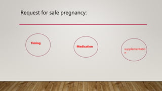 Request for safe pregnancy:
Timing
Medication
supplementatio
n
 