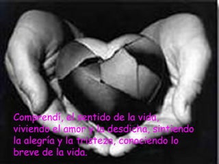 Comprendí, el sentido de la vida, viviendo el amor y la desdicha, sintiendo la alegría y la tristeza, conociendo lo breve de la vida.