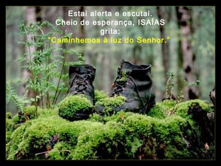 Estai alerta e escutai.
Cheio de esperança, ISAÍAS
grita:
“Caminhemos à luz do Senhor.”

 