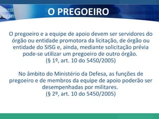 O PREGOEIRO O pregoeiro e a equipe de apoio devem ser servidores do órgão ou entidade promotora da licitação, de órgão ou entidade do SISG e, ainda, mediante solicitação prévia pode-se utilizar um pregoeiro de outro órgão.  (§ 1º, art. 10 do 5450/2005) No âmbito do Ministério da Defesa, as funções de pregoeiro e de membros da equipe de apoio poderão ser desempenhadas por militares.  (§ 2º, art. 10 do 5450/2005) 