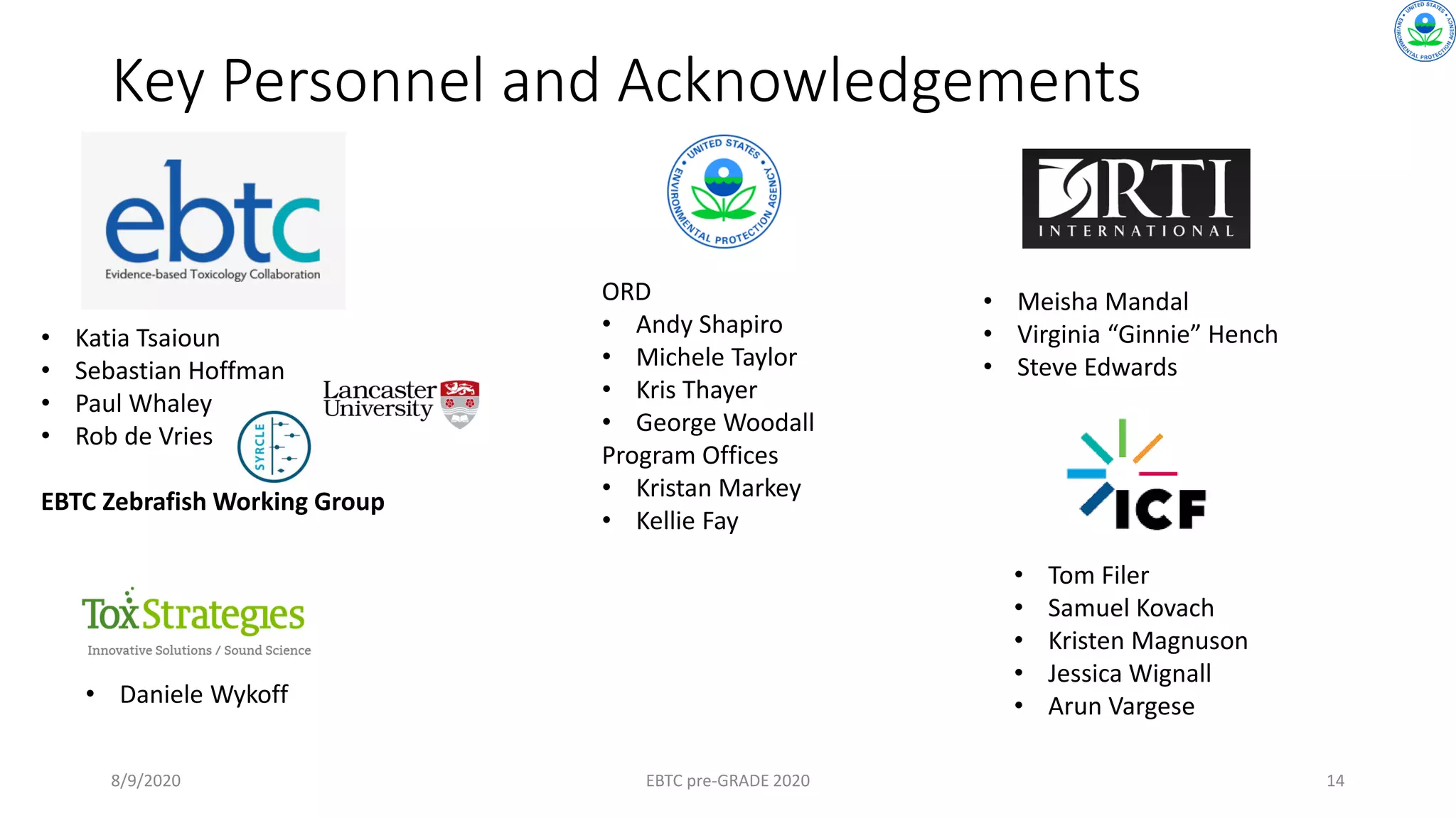 • Katia Tsaioun
• Sebastian Hoffman
• Paul Whaley
• Rob de Vries
EBTC Zebrafish Working Group
Key Personnel and Acknowledgements
• Meisha Mandal
• Virginia “Ginnie” Hench
• Steve Edwards
ORD
• Andy Shapiro
• Michele Taylor
• Kris Thayer
• George Woodall
Program Offices
• Kristan Markey
• Kellie Fay
EBTC pre-GRADE 2020 14
• Tom Filer
• Samuel Kovach
• Kristen Magnuson
• Jessica Wignall
• Arun Vargese
8/9/2020
• Daniele Wykoff
 