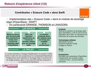 17
Retours d'expérience client (1/2)
Le contrat permettra à Orange d'implémenter ses propres CoDec
en lieu et place de ceux proposés par la communauté OpenStack.
Orange pourra ainsi optimiser le stockage objet en fonction de
ses usages propres, grâce à une nouvelle interface proposée à
La communauté OpenStack
Contexte
Swift est le système de stockage objet
dans OpenStack. Il met en œuvre de la
réplication afin d'offrir un mécanisme de
prévention de la perte des données.
Technologies utilisées
OpenStack Havana
Clustered Network Config
Codage en Python
Durée
3 mois
Perspectives
Permettre aux partenaires d'OpenStack
d'implémenter leur propres CoDec
« Erasure Code » via une interface
commune
 Implémentation des « Erasure Code » dans le module de stockage
objet d'OpenStack : SWIFT
 En partenariat ORANGE, THOMSON et LINAGORA
LE PROJET
LES ENJEUX
Mettre en œuvre
une fonctionnalité
très importante au
niveau de la
couche de
stockage objet
d'OpenStack
Offrir une
réduction
significative du
volume de
données utilisée
pour du stockage
fiable
La solution
proposée devra
être adoptée dans
une forme peu
modifiée
par la
communauté.
Contribution « Erasure Code » dans Swift
 