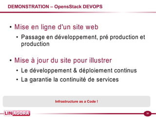 30
DEMONSTRATION – OpensStack DEVOPS
●
Mise en ligne d'un site web
●
Passage en développement, pré production et
production
●
Mise à jour du site pour illustrer
●
Le développement & déploiement continus
●
La garantie la continuité de services
Infrastructure as a Code !
 
