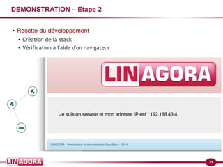 34
DEMONSTRATION – Etape 2
●
Recette du développement
●
Création de la stack
●
Vérification à l'aide d'un navigateur
 