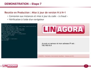 41
DEMONSTRATION – Etape 7
Recette en Production : Mise à jour de version N à N+1
●
Connexion aux instances et mise à jour du code « à chaud »
●
Vérification à l'aide d'un navigateur
 