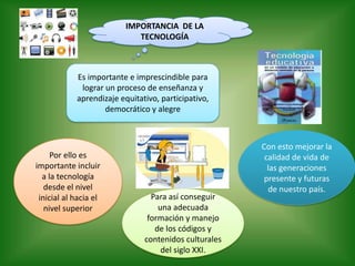 IMPORTANCIA DE LA
                             TECNOLOGÍA



            Es importante e imprescindible para
             lograr un proceso de enseñanza y
            aprendizaje equitativo, participativo,
                    democrático y alegre



                                                       Con esto mejorar la
     Por ello es                                        calidad de vida de
importante incluir                                       las generaciones
  a la tecnología                                       presente y futuras
   desde el nivel                                         de nuestro país.
 inicial al hacia el             Para así conseguir
   nivel superior                  una adecuada
                                formación y manejo
                                  de los códigos y
                               contenidos culturales
                                    del siglo XXI.
 
