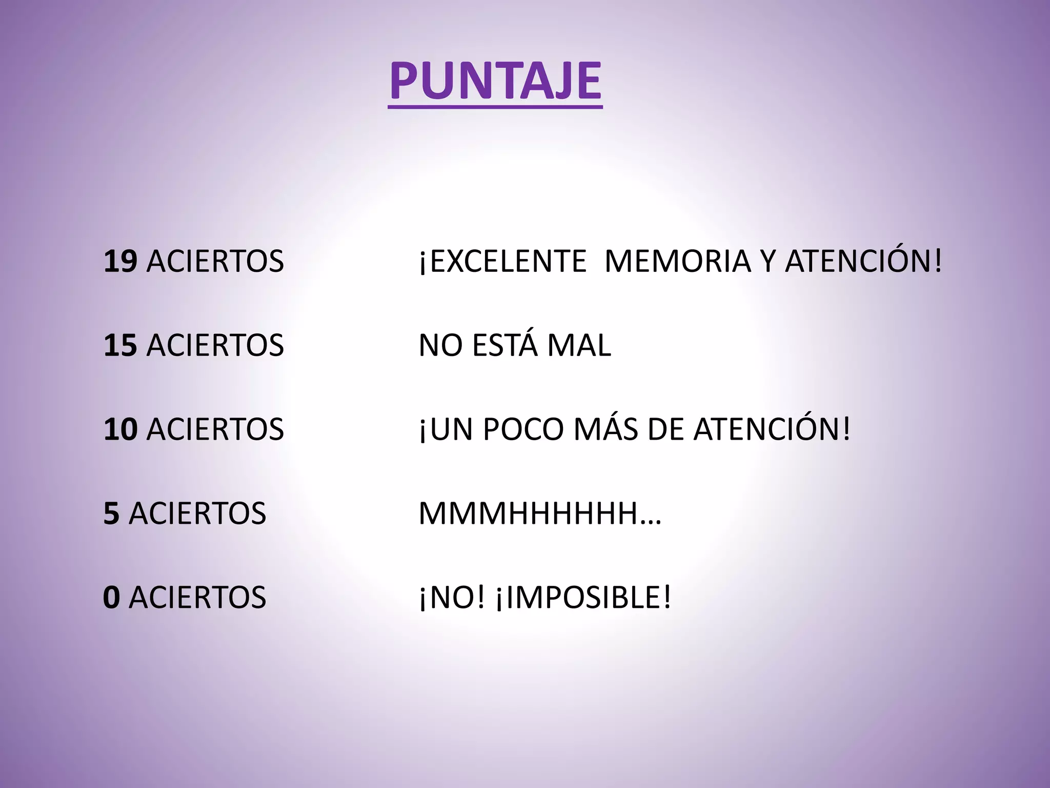 PUNTAJE
19 ACIERTOS ¡EXCELENTE MEMORIA Y ATENCIÓN!
15 ACIERTOS NO ESTÁ MAL
10 ACIERTOS ¡UN POCO MÁS DE ATENCIÓN!
5 ACIERTOS MMMHHHHHH…
0 ACIERTOS ¡NO! ¡IMPOSIBLE!
 