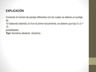 EXPLICACIÓN
Contando el número de parejas diferentes con las cuales se obtiene un puntaje
de
10 habiendo obtenido un 6 en el primer lanzamiento, se obtiene que hay 5 x 3 =
15
posibilidades.
Tipo: Numérico-aleatorio. Genérico.
 