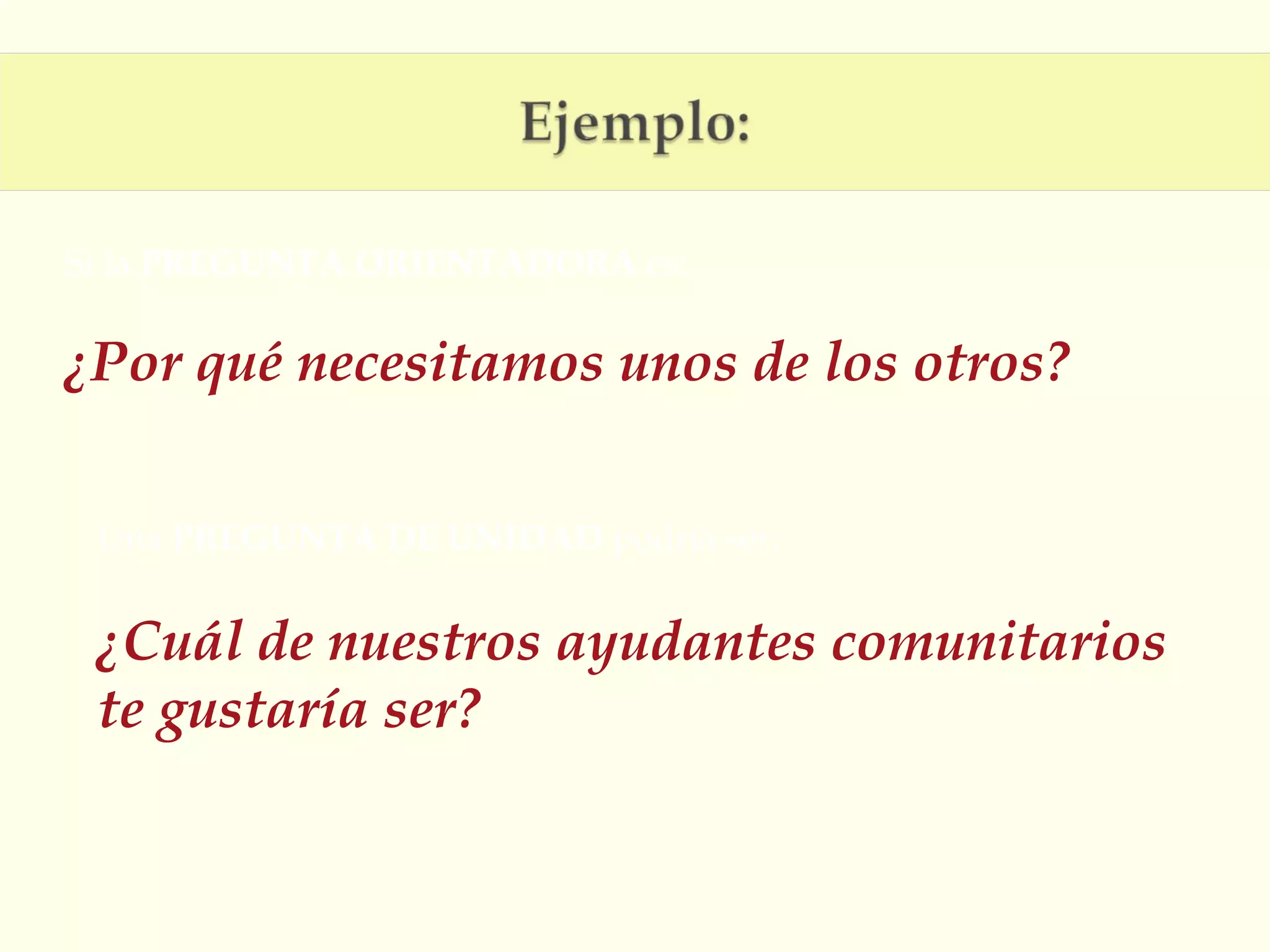 Si la PREGUNTA ORIENTADORA es:

¿Por qué necesitamos unos de los otros?
Una PREGUNTA DE UNIDAD podría ser:

¿Cuál de nuestros ayudantes comunitarios
te gustaría ser?

 