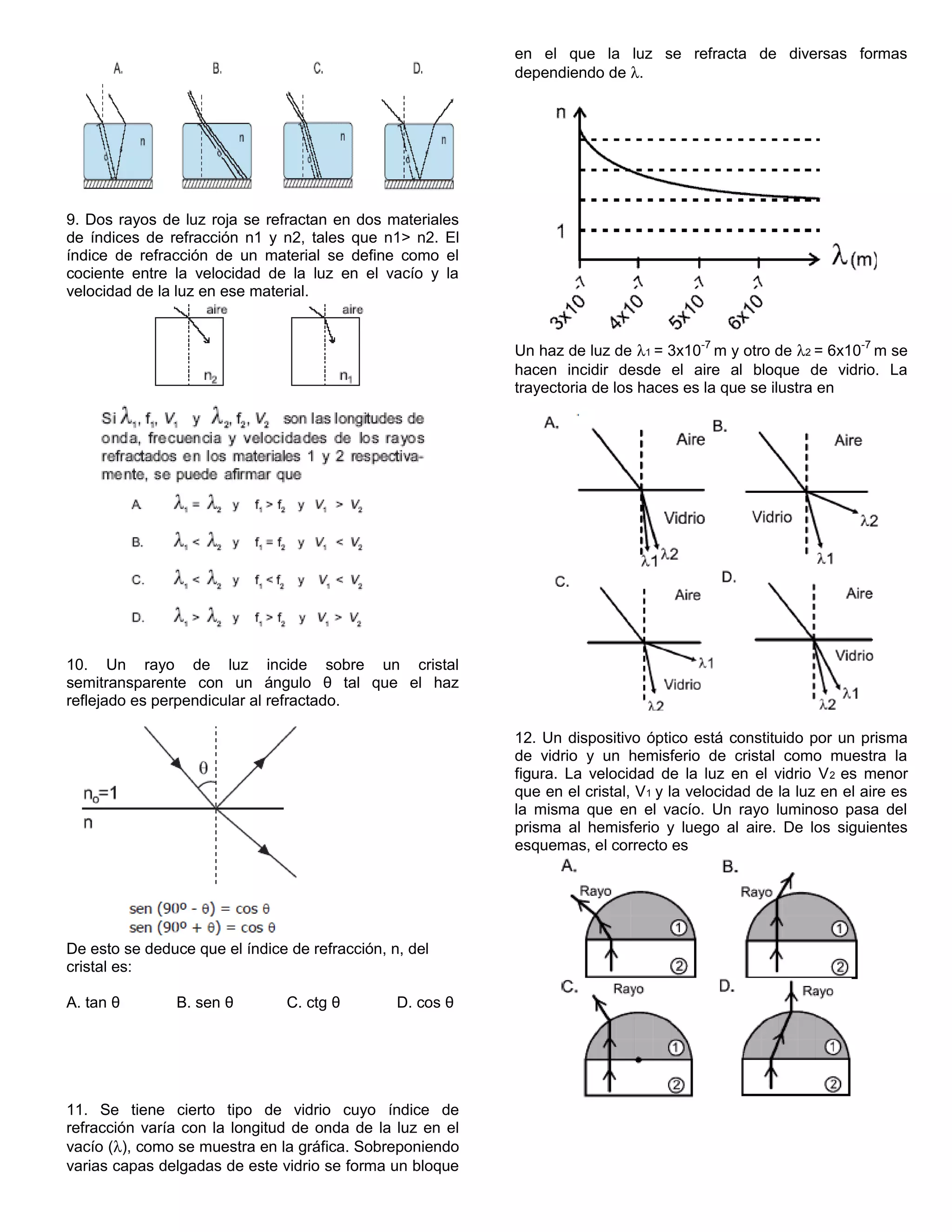9. Dos rayos de luz roja se refractan en dos materiales 
de índices de refracción n1 y n2, tales que n1> n2. El 
índice de refracción de un material se define como el 
cociente entre la velocidad de la luz en el vacío y la 
velocidad de la luz en ese material. 
10. Un rayo de luz incide sobre un cristal 
semitransparente con un ángulo θ tal que el haz 
reflejado es perpendicular al refractado. 
De esto se deduce que el índice de refracción, n, del 
cristal es: 
A. tan θ B. sen θ C. ctg θ D. cos θ 
11. Se tiene cierto tipo de vidrio cuyo índice de 
refracción varía con la longitud de onda de la luz en el 
vacío (l), como se muestra en la gráfica. Sobreponiendo 
varias capas delgadas de este vidrio se forma un bloque 
en el que la luz se refracta de diversas formas 
dependiendo de l. 
Un haz de luz de l1 = 3x10-7 
m y otro de l2 = 6x10-7 
m se 
hacen incidir desde el aire al bloque de vidrio. La 
trayectoria de los haces es la que se ilustra en 
12. Un dispositivo óptico está constituido por un prisma 
de vidrio y un hemisferio de cristal como muestra la 
figura. La velocidad de la luz en el vidrio V2 es menor 
que en el cristal, V1 y la velocidad de la luz en el aire es 
la misma que en el vacío. Un rayo luminoso pasa del 
prisma al hemisferio y luego al aire. De los siguientes 
esquemas, el correcto es 
