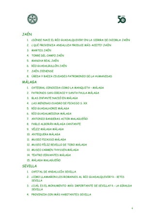 4
JAÉN
1. ¿DÓNDE NACE EL RÍO GUADALQUIVIR? EN LA SIERRA DE CAZORLA JAÉN
2. ¿ QUÉ PROVINCIA ANDALUZA PRODUCE MÁS ACEITE? JAÉN
3. MARTOS JAÉN
4. TORRE DEL CAMPO JAÉN
5. MANCHA REAL JAÉN
6. RÍO GUADALBULLÓN JAÉN
7. JAÉN JIENENSE
8. ÚBEDA Y BAEZA CIUDADES PATRIMONIO DE LA HUMANIDAD
MÁLAGA
1. CATEDRAL CONOCIDA COMO LA MANQUITA – MÁLAGA
2. PATRONOS SAN CIRIACO Y SANTA PAULA MÁLAGA
3. BLAS INFANTE NACIÓ EN MÁLAGA
4. LAS MENINAS CUADRO DE PICASSO S. XX
5. RÍO GUADALHORCE MÁLAGA
6. RÍO GUADALMEDINA MÁLAGA
7. ANTONIO BANDERAS ACTOR MALAGUEÑO
8. PABLO ALBORÁN MÁLAGA CANTANTE
9. VÉLEZ MÁLAGA MÁLAGA
10. ANTEQUERA MÁLAGA
11. MUSEO PICASSO MÁLAGA
12. MUSEO FÉLIZ REVELLO DE TORO MÁLAGA
13. MUSEO CARMEN THYSSEN MÁLAGA
14. TEATRO CERVANTES MÁLAGA
15. MÁLAGA MALAGUEÑO
SEVILLA
1. CAPITAL DE ANDALUCÍA SEVILLA
2. ¿CÓMO LLAMARON LOS ROMANOS AL RÍO GUADALQUIVIR? R.- BETIS
SEVILLA
3. ¿CUÁL ES EL MONUMENTO MÁS IMPORTANTE DE SEVILLA? R.- LA GIRALDA
SEVILLA
4. PROVINCIA CON MÁS HABITANTES SEVILLA
 