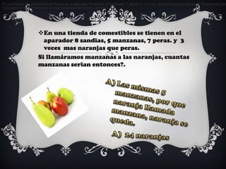 En una tienda de comestibles se tienen en el aparador 8 sandias, 5 manzanas, 7 peras. y 3 vecez mas naranjas que peras. Si llamaramos man
Respuesta: Las mismas 5 manzanas, por que naranja llamada manzana, naranja se queda.




                          En una tienda de comestibles se tienen en el
                            aparador 8 sandias, 5 manzanas, 7 peras. y 3
                            veces mas naranjas que peras.
                          Si llamáramos manzanas a las naranjas, cuantas
                          manzanas serian entonces?.
 