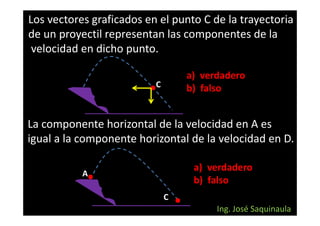 Los vectores graficados en el punto C de la trayectoria
de un proyectil representan las componentes de la
 velocidad en dicho punto.

                                  a) verdadero
                          C       b) falso


La componente horizontal de la velocidad en A es
igual a la componente horizontal de la velocidad en D.

                                   a) verdadero
           A
                                   b) falso
                              C
                                        Ing. José Saquinaula
 