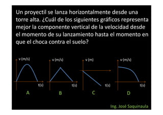 Un proyectil se lanza horizontalmente desde una
torre alta. ¿Cuál de los siguientes gráficos representa
mejor la componente vertical de la velocidad desde
el momento de su lanzamiento hasta el momento en
que el choca contra el suelo?

 v (m/s)          v (m/s)          v (m)               v (m/s)




           t(s)             t(s)           t(s)                  t(s)

     A                B                C                   D

                                                  Ing. José Saquinaula
 