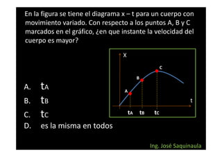 En la figura se tiene el diagrama x – t para un cuerpo con
movimiento variado. Con respecto a los puntos A, B y C
marcados en el gráfico, ¿en que instante la velocidad del
cuerpo es mayor?
                                 X
                                                          C

                                           B

A.   tA                           A

B.   tB                                                            t

C.   tC                               tA       tB    tC

D.   es la misma en todos

                                                    Ing. José Saquinaula
 