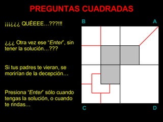 PREGUNTAS CUADRADAS ¡¡¡¿¿¿ QUÉEEE…???!!! ¿¿¿ Otra vez ese “ Enter ”, sin tener la solución…??? Si tus padres te vieran, se morirían de la decepción… Presiona “ Enter ” sólo cuando tengas la solución, o cuando te rindas… B A D C 
