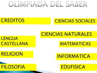 CIENCIAS SOCIALES
MATEMATICAS
LENGUA
CASTELLANA
CIENCIAS NATURALES
CREDITOS
RELIGION
EDUFISICA
INFORMATICA
FILOSOFIA
 