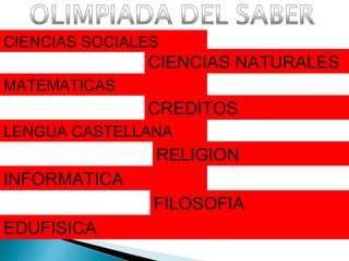 CIENCIAS SOCIALES
MATEMATICAS
LENGUA CASTELLANA
CIENCIAS NATURALES
CREDITOS
RELIGION
EDUFISICA
INFORMATICA
FILOSOFIA
 