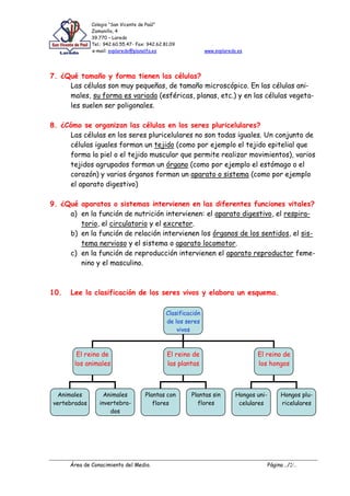 Colegio “San Vicente de Paúl”
Zamanillo, 4
39.770 – Laredo
Tel.: 942.60.55.47- Fax: 942.62.81.09
e-mail: svplaredo@planalfa.es www.svplaredo.es
Área de Conocimiento del Medio. Página ../2/..
7. ¿Qué tamaño y forma tienen las células?
Las células son muy pequeñas, de tamaño microscópico. En las células ani-
males, su forma es variada (esféricas, planas, etc.) y en las células vegeta-
les suelen ser poligonales.
8. ¿Cómo se organizan las células en los seres pluricelulares?
Las células en los seres pluricelulares no son todas iguales. Un conjunto de
células iguales forman un tejido (como por ejemplo el tejido epitelial que
forma la piel o el tejido muscular que permite realizar movimientos), varios
tejidos agrupados forman un órgano (como por ejemplo el estómago o el
corazón) y varios órganos forman un aparato o sistema (como por ejemplo
el aparato digestivo)
9. ¿Qué aparatos o sistemas intervienen en las diferentes funciones vitales?
a) en la función de nutrición intervienen: el aparato digestivo, el respira-
torio, el circulatorio y el excretor.
b) en la función de relación intervienen los órganos de los sentidos, el sis-
tema nervioso y el sistema o aparato locomotor.
c) en la función de reproducción intervienen el aparato reproductor feme-
nino y el masculino.
10. Lee la clasificación de los seres vivos y elabora un esquema.
Clasificación
de los seres
vivos
El reino de
los animales
El reino de
las plantas
El reino de
los hongos
Animales
vertebrados
Animales
invertebra-
dos
Plantas con
flores
Plantas sin
flores
Hongos uni-
celulares
Hongos plu-
ricelulares
 
