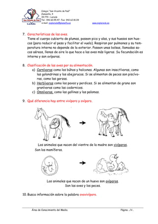 Colegio “San Vicente de Paúl”
Zamanillo, 4
39.770 – Laredo
Tel.: 942.60.55.47- Fax: 942.62.81.09
e-mail: svplaredo@planalfa.es www.svplaredo.es
Área de Conocimiento del Medio. Página ../4/..
7. Características de las aves.
Tiene el cuerpo cubierto de plumas, poseen pico y alas, y sus huesos son hue-
cos (para reducir el peso y facilitar el vuelo). Respiran por pulmones y su tem-
peratura interna no depende de la exterior. Poseen unas bolsas, llamadas sa-
cos aéreos, llenas de aire lo que hace a las aves más ligeras. Su fecundación es
interna y son ovíparas.
8. Clasificación de las aves por su alimentación.
a) Carnívoras como los búhos y halcones. Algunas son insectívoras, como
las golondrinas y los abejarucos. Si se alimentan de peces son piscívo-
ras, como las garzas.
b) Herbívoras como los pavos y perdices. Si se alimentan de grano son
granívoras como las codornices.
c) Omnívoras, como las gallinas y las palomas.
9. Qué diferencia hay entre vivíparo y ovíparo.
Los animales que nacen del vientre de la madre son vivíparos.
Son los mamíferos.
Los animales que nacen de un huevo son ovíparos.
Son las aves y los peces.
10. Busca información sobre la palabra ovovivíparo.
 