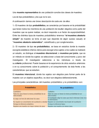 Una muestra representativa de una población concibe dos clases de muestreo:
Los de tipo probabilístico y los que no lo son.
A continuación damos una breve descripción de cada uno de ellos:
1.- El muestreo de tipo probabilístico, se caracteriza por basarse en la probabilidad
que tienen todos los miembros de una población de resultar elegidos como parte del
muestreo que se quiere realizar, es decir responde a un factor de equiprobabilidad.
Entre los distintos tipos de muestreo probabilístico tenemos “el muestreo aleatorio
simple” (la muestra se toma al azar que depende de algún suceso casual); el
“muestreo aleatorio sistemático”, estratificado y por conglomerados.
2.- El muestreo de tipo no probabilístico, se basa en estudios donde la muestra
escogida establece criterios claros para escoger a los sujetos a los cuales se realizará
un estudio, se distingue el muestreo discrecional, o muestreo por juicio, que es
un método en donde los sujetos se seleccionan a base del conocimiento y juicio del
investigador. El investigador selecciona a los individuos a través de
su criterio profesional. Puede basarse en la experiencia de otros estudios anteriores
o en su conocimiento sobre la población y el comportamiento de ésta frente a las
características que se estudian.
El muestreo intencional, donde los sujetos son elegidos para formar parte de la
muestra con un objetivo específico, es decir son elegidos deliberadamente.
Las principales características del muestreo probabilístico y no probabilístico son:
 