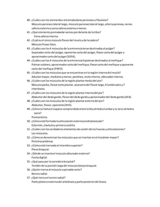 40- ¿Cuálessonloselementos retromaleolaresperoneosofibulares?
Músculoperoneolateral largo,músculoperoneolateral largo,arteriaperonea,nervio
safenoexternoyvenasafenaexternaomenor.
41- ¿Qué elementopremaleolarvemospordelante de latibia?
Venasafenainterna.
42- ¿Cuál es el únicomúsculoflexordel musloyde lacadera?
MúsculoPsoasilíaco.
43- ¿Cuálessonlos4 músculosde laeminenciatenardestinadosal pulgar?
Separadorcorto del pulgar,oponente cortodel pulgar,flexorcortodel pulgar y
aproximadorcortodel pulgar(SOFA).
44- ¿Cuálessonlos4 músculosde laeminenciahipotenardestinadosal meñique?
Palmarcutáneo,aproximadorcortodel meñique,flexorcortodel meñique yoponente
corto del meñique (PAFO).
45- ¿Cuálessonlosmúsculosque se encuentranenlaregióninternadel muslo?
Aductormayor,medianoymenor, pectíneo,rectointerno, obturadorinterno.
46- ¿Cuálessonlosmúsculosde laregiónplantarmediadel pie?
Músculopedio,flexorcortoplantar,accesoriodel flexorlargo,4 lumbricalesy7
interóseos.
47- ¿Cuálessonlosmúsculosde laregiónplantarinternadel pie?
Abductordel dedogordo,flexordel dedogordoyaproximadordel dedogordo(AFA).
48- ¿Cuálessonlosmúsculosde laregiónplantarexternadel pie?
Abductor,flexor,oponente(AFO).
49- ¿Cómose llamael espacio comprendidoentre la5tavértebralumbaryla 1era vértebra
sacra?
Promontorio.
50- ¿Cómoestáformada laarticulaciónesternocondroclavicular?
Esternón,clavículay primeracostilla.
51- ¿Cuálessonlosverdaderoselementosde sosténde loshuesos yarticulaciones?
Los músculos.
52- ¿Cómose denominanlosmúsculosque se insertanenel trocántermayor?
Pelvitrocantéreos.
53- ¿Cómoestáinervadoel miembrosuperior?
Plexobraquial.
54- ¿Dónde se insertael músculoobturadorexterno?
Fositadigital.
55- ¿Qué pasa por lacorrederabicipital?
Tendónde la porciónlargadel músculobícepsbraquial.
56- ¿Quiéninervaal músculosupinadorcorto?
Nervioradial.
57- ¿Qué inervael nervioradial?
Parte pósteroexternadel antebrazoyparte posteriordel brazo.
 