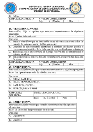 UNIVERSIDAD TECNICA DE MACHALA
UNIDAD ACADEMICA DE CIENCIAS QUIMICAS DE LA SALUD
CARRERA DE ENFERMERIA
D. Baldor
RESPUESTA CORRECTA NIVEL DE COMPLEJIDAD
B Bajo X Medio Alto
17.- VERONICA ALVAREZ
Instrucción: Elija la opción que conteste correctamente la siguiente
pregunta:
Base: ¿Qué es informática?
Opciones
A. Estudio científico que se desarrolla sobre sistemas automatizados de
manejo de informaciones y tablas solamente.
B. Conjunto de conocimientos científicos y técnicas que hacen posible el
tratamientoautomático de la información por medio de computadoras.
C. Tecnología en sí que permita el manejo y movilidad de información y
entrada de virus
D. Son componentes conectados a la computadora, que permiten la salida
de virus.
RESPUESTA CORRECTA NIVEL DE COMPLEJIDAD
B Bajo X Medio Alto
18. KAREN CHAPA
Instrucción: Elija la opciónque contestecorrectamentela siguientepregunta:
Base: Los tipos de memoria de sólo lectura son:
Opciones
A. DRAM, RAM, RIM.
B. PROM, EEPROM, EPROM.
C. RAM, ROM, CACHE.
D. EEPROM,DRAM,PROM
19. KAREN CHAPA
Instrucción: Elija la opciónque complete correctamente la siguiente
afirmación:
Base: La velocidad del procesador se mide en:
Opciones
A. Gigahercios
B. Gigabyte
RESPUESTA
CORRECTA
NIVEL DE COMPLEJIDAD
B Bajo X Medio Alto
 