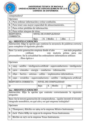 UNIVERSIDAD TECNICA DE MACHALA
UNIDAD ACADEMICA DE CIENCIAS QUIMICAS DE LA SALUD
CARRERA DE ENFERMERIA
computadora?
Opciones
A. Para ordenar información y evitar confusión.
B. Para tener una mayor capacidad de almacenamiento.
C. Para evitar pérdidas de información.
D. Para evitar ataques de virus.
RESPUESTA
CORRECTA
NIVEL DE COMPLEJIDAD
Bajo X Medio Alto
23.- ARIANNA CAMACHO
Instrucción: Elige la opción que contiene la secuencia de palabras correcta
para completar el siguiente párrafo:
Base: La sexta generación empieza desde el año , son más pequeñas
y ; utilizan con materia prima para sus
procesadores. En la actualidad los ordenadores informáticos utilizan:
, fibra óptica e .
Opciones
A. 1995 – satélite – inteligencia artificial – superconductores –inteligencia-
B. 1900 – cómodas – energía – conductos – información.
C. 1890 – fuertes – antenas – cables – implementos informáticos.
D. 1990 – versátiles – superconductores – satélite – inteligencia artificial.
RESPUESTA CORRECTA NIVEL DE COMPLEJIDAD
D Bajo X Medio Alto
24.- ARIANNA CAMACHO
Instrucción: Elija la opción que conteste correctamente la siguiente
pregunta:
Base: En la tercera generación de computadoras, ¿quién inventó el circuito
integrado monolítico, en qué año y en qué empresa trabajaba?
Opciones
A. Thompson y Ritchie en 1964 en la empresa México Instrumens.
B. Jack Claire Kilby en 1959 en la empresa Texas Instrumens.
C. Ritchie en 1971 en la empresa Texas Instrumens.
 