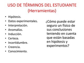 USO DE TÉRMINOS DEL ESTUDIANTE
(Herramientas)
• Hipótesis.
• Datos experimentales.
• Interpretación.
• Anomalías.
• Inducción.
• Certeza.
• Incertidumbre.
• Creencia.
• Conocimiento.
¿Cómo puede estar
seguro un físico de
sus conclusiones
teniendo en cuenta
que están basadas
en hipótesis y
experimentos?
 