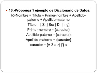  16.-Proponga 1 ejemplo de Diccionario de Datos:
   R=Nombre = Título + Primer-nombre + Apellido-
           paterno + Apellido-materno
           Título = [ Sr | Sra | Dr | Ing]
          Primer-nombre = {caracter}
          Apellido-paterno = {caracter}
         Apellido-materno = {caracter}
             caracter = [A-Z|a-z| |’] a
 