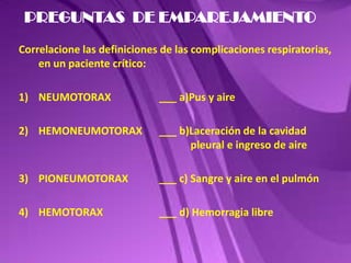 PREGUNTAS  DE EMPAREJAMIENTO Correlacione las definiciones de las complicaciones respiratorias, en un paciente crítico: NEUMOTORAX		___ a)Pus y aire  HEMONEUMOTORAX	___ b)Laceración de la cavidad 					            pleural e ingreso de aire PIONEUMOTORAX	___ c) Sangre y aire en el pulmón HEMOTORAX		___ d) Hemorragia libre 