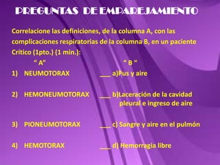 PREGUNTAS  DE EMPAREJAMIENTO Correlacione las definiciones, de la columna A, con las complicaciones respiratorias de la columna B, en un paciente Crítico (1pto.) (1 min.): 		“ A”				 “ B “ NEUMOTORAX		___ a)Pus y aire  HEMONEUMOTORAX	___ b)Laceración de la cavidad 					            pleural e ingreso de aire PIONEUMOTORAX	___ c) Sangre y aire en el pulmón HEMOTORAX		___ d) Hemorragia libre 