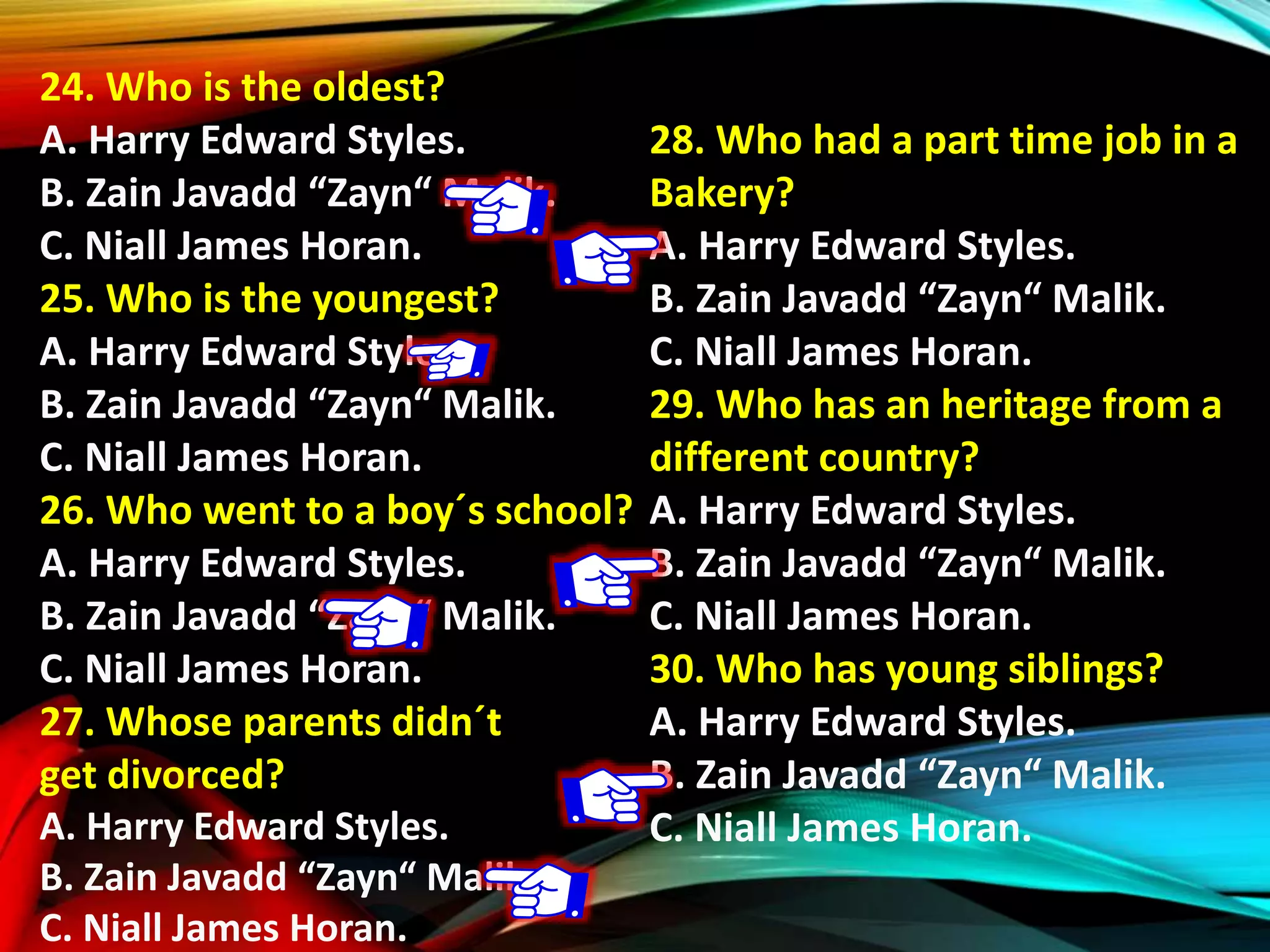 24. Who is the oldest?
A. Harry Edward Styles.
B. Zain Javadd “Zayn“ Malik.
C. Niall James Horan.
25. Who is the youngest?
A. Harry Edward Styles.
B. Zain Javadd “Zayn“ Malik.
C. Niall James Horan.
26. Who went to a boy´s school?
A. Harry Edward Styles.
B. Zain Javadd “Zayn“ Malik.
C. Niall James Horan.
27. Whose parents didn´t
get divorced?
A. Harry Edward Styles.
B. Zain Javadd “Zayn“ Malik.
C. Niall James Horan.
28. Who had a part time job in a
Bakery?
A. Harry Edward Styles.
B. Zain Javadd “Zayn“ Malik.
C. Niall James Horan.
29. Who has an heritage from a
different country?
A. Harry Edward Styles.
B. Zain Javadd “Zayn“ Malik.
C. Niall James Horan.
30. Who has young siblings?
A. Harry Edward Styles.
B. Zain Javadd “Zayn“ Malik.
C. Niall James Horan.
 
