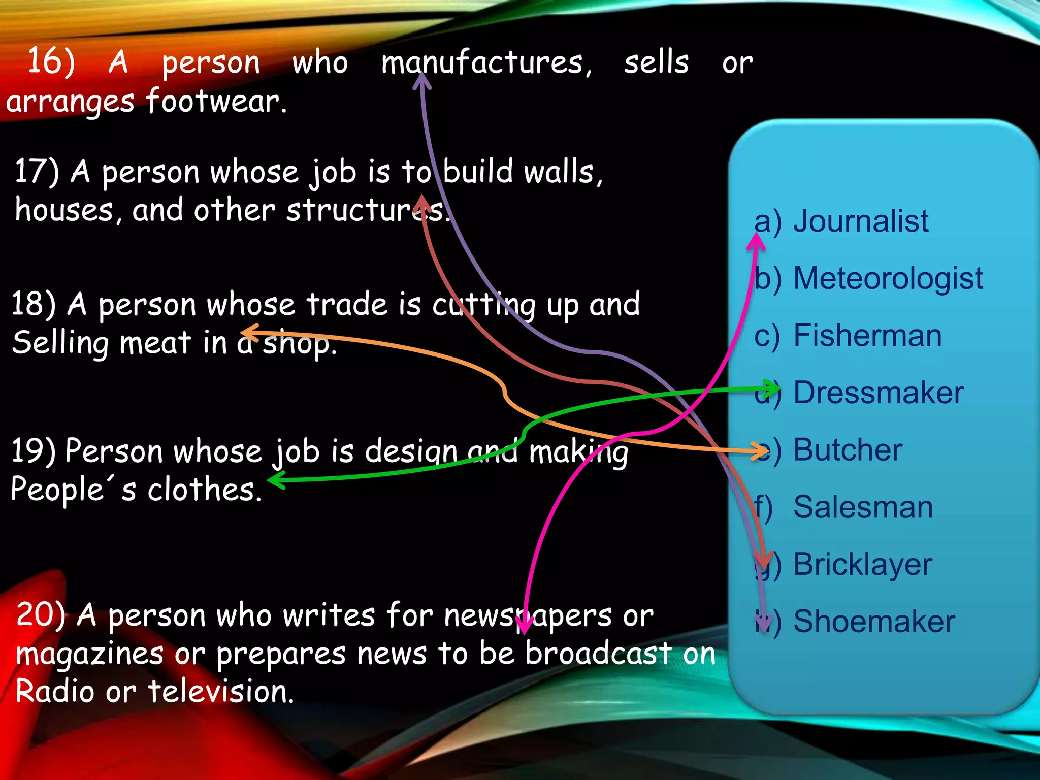 16) A person who manufactures, sells or
arranges footwear.
17) A person whose job is to build walls,
houses, and other structures.
18) A person whose trade is cutting up and
Selling meat in a shop.
19) Person whose job is design and making
People´s clothes.
20) A person who writes for newspapers or
magazines or prepares news to be broadcast on
Radio or television.
a) Journalist
b) Meteorologist
c) Fisherman
d) Dressmaker
e) Butcher
f) Salesman
g) Bricklayer
h) Shoemaker
 