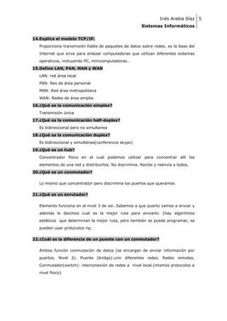Inés Arabia Díaz 5
Sistemas Informáticos
14.Explica el modelo TCP/IP.
Proporciona transmisión fiable de paquetes de datos sobre redes. es la base del
Internet que sirve para enlazar computadoras que utilizan diferentes sistemas
operativos, incluyendo PC, minicomputadoras…
15.Define LAN, PAN, MAN y WAN
LAN: red área local
PAN: Res de área personal
MAN: Red área metropolitana
WAN: Redes de área amplia.
16.¿Qué es la comunicación simplex?
Transmisión única
17.¿Qué es la comunicación half-duplex?
Es bidireccional pero no simultanea
18.¿Qué es la comunicación duplex?
Es bidireccional y simultánea(conferencia skype)
19.¿Qué es un hub?
Concentrador físico en el cual podemos utilizar para concentrar allí los
elementos de una red y distribuirlos. No discrimina. Recibe y reenvía a todos.
20.¿Qué es un conmutador?
Lo mismo que concentrador pero discrimina los puertos que queramos
21.¿Qué es un enrutador?
Elemento funciona en el nivel 3 de osi. Sabemos a que puerto vamos a enviar y
además le decimos cual es la mejor ruta para enviarlo. (hay algoritmos
estáticos que determinan la mejor ruta, pero también se puede programar, se
pueden usar protocolos rip.
22.¿Cuál es la diferencia de un puente con un conmutador?
Ambos función conmutación de datos (se encargan de enviar información por
puertos. Nivel 2). Puente (bridge):unir diferentes redes. Redes remotas.
Conmutador(switch): interconexión de redes a nivel local.(mismos protocolos a
nivel físico)

 
