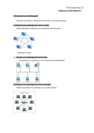 Inés Arabia Díaz 6
Sistemas Informáticos
23.¿Qué es un cortafuegos?
Controla la entrada y salida de información de nuestro equipo
24.Dibuja una topología de red en malla
Cada ordenador conectado con los demás directamente.

25. Dibuja una topología de red en bus
Los puestos se conectan a una única línea de transmisión.

26.Dibuja una topología de red en estrella
Todos los puestos se conectan a un puesto central.

 