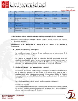 165 Ing. Ambiental 10 Matemáticas Química Biología Física
180 Enfermería 8 Biología Química Filosofía Matemáticas
192 Tecnología en obras
Civiles
6 Matemáticas Física Química Lenguaje
196 Tecnología
Agropecuaria
6 Biología Química Matemáticas Lenguaje
198 Tecnología en Procesos
Industriales
6 Matemáticas Química Física Lenguaje
¿Cómo obtener el puntaje promedio necesario para ingresar a un programa académico?
Por ejemplo: Si me inscribo para INGENIERIA ELECTROMECANICA, el código de la carrera es
09 y el promedio se obtiene:
Matemáticas x (0.4) + Física (0.3) + Lenguaje x (0.2) + Química (0.1) = Puntaje de
Competencia
4. ¿Qué es un reingreso y como opera?
Se considera reingreso el retorno de un estudiante que se haya retirado de la
Universidad sin reserva de cupo.
El Consejo de Facultad al cual se encuentre adscrito determinado Programa
Académico, analizará la reserva de cupo por más de dos semestres consecutivos en
caso de fuerza mayor e informará a la Oficina de Admisiones y Registro Académico
mediante Acto Administrativo de la reactivación del código del estudiante.
5. ¿Qué es un traslado y qué requisitos debe cumplir?
Se denomina traslado a la posibilidad que contempla el estatuto Estudiantil de pasar
de un programa académico a otro dentro de la Universidad, para lo cual el
estudiante debe haber cursado como mínimo 1 semestre en el Plan de Estudios
inicial, y tramitar la solicitud 30 días Calendario Académico antes de la matrícula
académica.
Para ello los estudiantes deben cumplir con las siguientes condiciones:
Ser estudiante regular.
Solicitar por escrito al Decano de la Facultad donde esté inscrito el Plan de Estudios
al cual desea ingresar, expresando los motivos por los que desea hacer el traslado y
adjuntar la constancia de pagos de derechos.
 