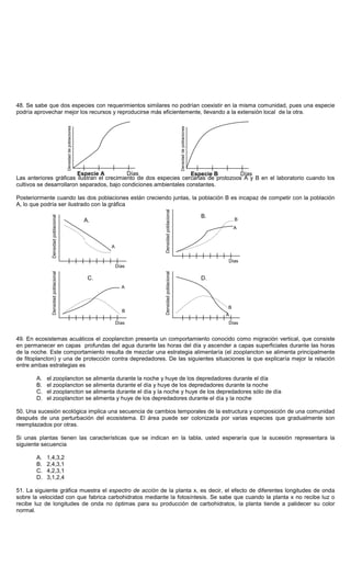 48. Se sabe que dos especies con requerimientos similares no podrían coexistir en la misma comunidad, pues una especie
podría aprovechar mejor los recursos y reproducirse más eficientemente, llevando a la extensión local de la otra.
Las anteriores gráficas ilustran el crecimiento de dos especies cercanas de protozoos A y B en el laboratorio cuando los
cultivos se desarrollaron separados, bajo condiciones ambientales constantes.
Posteriormente cuando las dos poblaciones están creciendo juntas, la población B es incapaz de competir con la población
A, lo que podría ser ilustrado con la gráfica
49. En ecosistemas acuáticos el zooplancton presenta un comportamiento conocido como migración vertical, que consiste
en permanecer en capas profundas del agua durante las horas del día y ascender a capas superficiales durante las horas
de la noche. Este comportamiento resulta de mezclar una estrategia alimentaría (el zooplancton se alimenta principalmente
de fitoplancton) y una de protección contra depredadores. De las siguientes situaciones la que explicaría mejor la relación
entre ambas estrategias es
A. el zooplancton se alimenta durante la noche y huye de los depredadores durante el día
B. el zooplancton se alimenta durante el día y huye de los depredadores durante la noche
C. el zooplancton se alimenta durante el día y la noche y huye de los depredadores sólo de día
D. el zooplancton se alimenta y huye de los depredadores durante el día y la noche
50. Una sucesión ecológica implica una secuencia de cambios temporales de la estructura y composición de una comunidad
después de una perturbación del ecosistema. El área puede ser colonizada por varias especies que gradualmente son
reemplazados por otras.
Si unas plantas tienen las características que se indican en la tabla, usted esperaría que la sucesión representara la
siguiente secuencia
A. 1,4,3,2
B. 2,4,3,1
C. 4,2,3,1
D. 3,1,2,4
51. La siguiente gráfica muestra el espectro de acción de la planta x, es decir, el efecto de diferentes longitudes de onda
sobre la velocidad con que fabrica carbohidratos mediante la fotosíntesis. Se sabe que cuando la planta x no recibe luz o
recibe luz de longitudes de onda no óptimas para su producción de carbohidratos, la planta tiende a palidecer su color
normal.
Especie A Días
Densidaddepoblaciones
Especie B Días
Densidaddepoblaciones
Densidadpoblacional
Días
A.
A
Densidadpoblacional
Días
B.
A
B
Densidadpoblacional
Días
C.
A
B
Densidadpoblacional
Días
D.
A
B
 