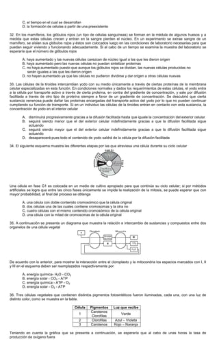 C. el tiempo en el cual se desarrollan
D. la formación de células a partir de una preexistente
32. En los mamíferos, los glóbulos rojos (un tipo de células sanguíneas) se forman en la médula de algunos huesos y a
medida que estas células crecen y entran en la sangre pierden el núcleo. En un experimento se extrae sangre de un
mamífero, se aíslan sus glóbulos rojos y éstos son colocados luego en las condiciones de laboratorio necesarias para que
puedan seguir viviendo y funcionando adecuadamente. Si al cabo de un tiempo se examina la muestra del laboratorio se
esperaría que el número de glóbulos rojos
A. haya aumentado y las nuevas células carezcan de núcleo igual a las que les dieron origen
B. haya aumentado pero las nuevas células no puedan sintetizar proteínas
C. no haya aumentado puesto que aunque los glóbulos rojos se dividan, las nuevas células producidas no
serán iguales a las que les dieron origen
D. no hayan aumentado ya que las células no pudieron dividirse y dar origen a otras células nuevas
33. Las células de la tiroides intercambian yodo con su medio únicamente a través de ciertas proteínas de la membrana
celular especializadas en esta función. En condiciones normales y dados los requerimientos de estas células, el yodo entra
a la célula por transporte activo a través de cierta proteína, en contra del gradiente de concentración, y sale por difusión
facilitada a través de otro tipo de proteína siempre a favor de un gradiente de concentración. Se descubrió que cierta
sustancia venenosa puede dañar las proteínas encargadas del transporte activo del yodo por lo que no pueden continuar
cumpliendo su función de transporte. Si en un individuo las células de la tiroides entran en contacto con esta sustancia, la
concentración de yodo en el interior celular
A. disminuirá progresivamente gracias a la difusión facilitada hasta que iguale la concentración del exterior celular
B. seguirá siendo menor que el del exterior celular indefinidamente gracias a que la difusión facilitada sigue
actuando
C. seguirá siendo mayor que el del exterior celular indefinidamente gracias a que la difusión facilitada sigue
actuando
D. desaparecerá pues todo el contenido de yodo saldrá de la célula por la difusión facilitada
34. El siguiente esquema muestra las diferentes etapas por las que atraviesa una célula durante su ciclo celular
Una célula en fase G1 es colocada en un medio de cultivo apropiado para que continúe su ciclo celular; si por métodos
artificiales se logra que entre las cinco fases únicamente se impida la realización de la mitosis, se puede esperar que con
mayor probabilidad, al final del proceso se obtenga
A. una célula con doble contenido cromosómico que la célula original
B. dos células una de las cuales contiene cromosomas y la otra no
C. cuatro células con el mismo contenido cromosómico de la célula original
D. una célula con la mitad de cromosomas de la célula original
35. A continuación se presenta un diagrama que muestra la relación e intercambio de sustancias y compuestos entre dos
organelos de una célula vegetal
De acuerdo con lo anterior, para mostrar la interacción entre el cloroplasto y la mitocondria los espacios marcados con I, II
y III en el esquema deben ser reemplazados respectivamente por
A. energía química- H2O - CO2
B. energía solar - CO2 - ATP
C. energía química - ATP - O2
D. energía solar - O2 - ATP
36. Tres células vegetales que contienen distintos pigmentos fotosintéticos fueron iluminadas, cada una, con una luz de
distinto color, como se muestra en la tabla.
Célula Pigmentos Luz que recibe
1
Carotenos
Clorofilas
Verde
2 Clorofilas Azul – Violeta
3 Carotenos Rojo – Naranja
Teniendo en cuenta la gráfica que se presenta a continuación, se esperaría que al cabo de unas horas la tasa de
producción de oxígeno fuera
 