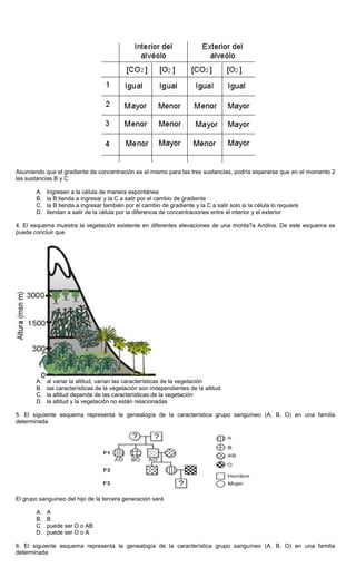 Asumiendo que el gradiente de concentración es el mismo para las tres sustancias, podría esperarse que en el momento 2
las sustancias B y C
A. Ingresen a la célula de manera espontánea
B. la B tienda a ingresar y la C a salir por el cambio de gradiente
C. la B tienda a ingresar también por el cambio de gradiente y la C a salir solo si la célula lo requiere
D. tiendan a salir de la célula por la diferencia de concentraciones entre el interior y el exterior
4. El esquema muestra la vegetación existente en diferentes elevaciones de una monta?a Andina. De este esquema se
puede concluir que
A. al variar la altitud, varían las características de la vegetación
B. las características de la vegetación son independientes de la altitud
C. la altitud depende de las características de la vegetación
D. la altitud y la vegetación no están relacionadas
5. El siguiente esquema representa la genealogía de la característica grupo sanguíneo (A, B, O) en una familia
determinada
El grupo sanguíneo del hijo de la tercera generación será
A. A
B. B
C. puede ser O o AB
D. puede ser O o A
6. El siguiente esquema representa la genealogía de la característica grupo sanguíneo (A, B, O) en una familia
determinada
 