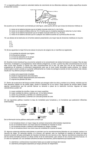 17. La siguiente gráfica muestra la velocidad relativa de crecimiento de los diferentes sistemas o tejidos específicos durante
el desarrollo humano
De acuerdo con la información suministrada por esta figura, usted podría afirmar que la tasa de divisiones mitóticas es
A. menor en el sistema nervioso que en el tejido muscular entre los 4 y los 6 años
B. menor en el sistema linfático entre los 10 y 14 años que en el sistema reproductor entre los 2 y los 4 años
C. mayor en el sistema reproductor que en el tejido muscular entre los 12 y 16 años
D. menor en el sistema nervioso que en cualquier otro sistema durante los 5 primeros años de vida
18. Las células de los testículos en el hombre estarían presentando una mayor tasa de divisiones meióticas en el punto
A. I
B. II
C. III
D. IV
19. De las siguientes la mejor forma de evaluar el consumo de oxígeno de un mamífero es registrando
A. la cantidad de alimento que ingiere
B. la frecuencia cardiaca
C. el nivel de adrenalina en la sangre
D. el nivel de azúcar en la sangre
20. Durante el ciclo menstrual hay una enorme variación en la concentración de ciertas hormonas en la sangre. Dos de esas
hormonas, el estrógeno y la progesterona, tienen efectos antagónicos, es decir, cuando hay altas concentraciones de una de
ellas ocurre algo opuesto a cuando hay altas concentraciones de la otra. Se sabe que una de las funciones de la
progesterona es engrosar el endometrio preparándolo para que el óvulo recién fecundado pueda anidarse. Un método
anticonceptivo común consiste en aumentar artificialmente los niveles de estrógeno durante el ciclo menstrual. Este método
resulta ser muy efectivo porque el estrógeno
A. actúa como espermicida inmediato
B. impide el engrosamiento del endometrio
C. favorece el rápido desprendimiento del endometrio
D. engrosa las paredes del útero
21. Dentro de la estructura del bosque existen árboles que emergen sobre los otros y reciben la luz directa, mientras que los
más pequeños habitan en las partes bajas, donde la cantidad de luz es menor. Estas plantas de sombra deben poseer
algunas características que les permita fabricar su alimento a pesar de la restricción lumínica. Algunas de estas
características pueden ser
A. mayor cantidad de clorofila y hojas con mayor superficie
B. mayor cantidad de xilema y estomas aún en los tallos leñosos
C. raíces muy profundas y semillas con cubiertas gruesas
D. hojas más pequeñas y cubiertas con cutículas gruesas de cera
22. Las siguientes gráficas muestran la tasa de mortalidad para fumadores y no fumadores que padecieron diferentes
enfermedades
De la información de las gráficas usted podría concluir que
A. los fumadores tienen un mayor riesgo de contraer únicamente enfermedades respiratorias
B. los no fumadores tienen una mayor tasa de mortalidad sin importar la causa
C. los fumadores tienden a padecer enfermedades sin riesgos mortales
D. los no fumadores tienen una menor tasa de mortalidad sin importar la causa
23. Algunas sustancias adictivas estimulantes no permiten que los neurotransmisores liberados en una sinapsis vuelvan a la
neurona de origen. En personas adictas a la cocaína, por ejemplo, esto se manifiesta en estados de euforia de larga
duración producto del paso prolongado de impulsos nerviosos de una neurona a otra. Algunos neurotóxicos presentes en la
piel de ciertos animales producen un efecto similar al de los estimulantes, pero actúan en las uniones neurona-músculo. Si
un ratón es inyectado con una cantidad suficiente de estas neurotoxinas, podría esperarse que experimente
A. calambres o contracciones musculares hasta que se acabe la energía del músculo
B. calambres prolongados separados por largos periodos de relajamiento
 