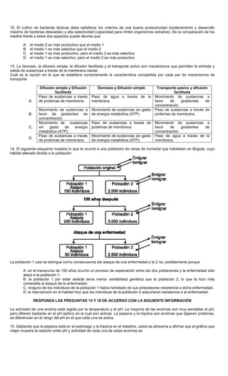 12. El cultivo de bacterias lácticas debe satisfacer los criterios de una buena productividad (sostenimiento y desarrollo
máximo de bacterias deseadas) y alta selectividad (capacidad para inhibir organismos extraños). De la comparación de los
medios frente a estos dos aspectos puede decirse que
A. el medio 2 es más productivo que el medio 1
B. el medio 1 es más selectivo que el medio 2
C. el medio 1 es más productivo, pero el medio 2 es más selectivo
D. el medio 1 es más selectivo, pero el medio 2 es más productivo
13. La ósmosis, la difusión simple, la difusión facilitada y el transporte activo son mecanismos que permiten la entrada y
salida de sustancias a través de la membrana celular.
Cuál es la opción en la que se establece correctamente la característica compartida por cada par de mecanismos de
transporte
Difusión simple y Difusión
facilitada
Ósmosis y Difusión simple Transporte pasivo y difusión
facilitada
A.
Paso de sustancias a través
de proteínas de membrana.
Paso de agua a través de la
membrana.
Movimiento de sustancias a
favor de gradientes de
concentración.
B.
Movimiento de sustancias a
favor de gradientes de
concentración.
Movimiento de sustancias sin gasto
de energía metabólica (ATP).
Paso de sustancias a través de
proteínas de membrana.
C.
Movimiento de sustancias
sin gasto de energía
metabólica (ATP).
Paso de sustancias a través de
proteínas de membrana.
Movimiento de sustancias a
favor de gradientes de
concentración.
D.
Paso de sustancias a través
de proteínas de membrana.
Movimiento de sustancias sin gasto
de energía metabólica (ATP).
Paso de agua a través de la
membrana.
14. El siguiente esquema muestra lo que le ocurrió a una población de ranas de humedal que habitaban en Bogotá, cuyo
hábitat alterado dividió a la población
La población 1 casi se extingue como consecuencia del ataque de una enfermedad y la 2 no, posiblemente porque
A. en el transcurso de 100 años ocurrió un proceso de especiación entre las dos poblaciones y la enfermedad sólo
atacó a la población 1.
B. la población 1 por estar aislada tenía menor variabilidad genética que la población 2, lo que la hizo más
vulnerable al ataque de la enfermedad.
C. ninguno de los individuos de la población 1 había heredado de sus antecesores resistencia a dicha enfermedad.
D. la intervención en el habitat hizo que los individuos de la población 2 adquirieran resistencia a la enfermedad.
RESPONDA LAS PREGUNTAS 15 Y 16 DE ACUERDO CON LA SIGUIENTE INFORMACIÓN
La actividad de una enzima está regida por la temperatura y el pH. La mayoría de las enzimas son muy sensibles al pH,
pero difieren bastante en el pH óptimo en el cual son activas. La pepsina y la tripsina son enzimas que digieren proteínas,
se diferencian en el rango del pH en el que cada una es activa.
15. Sabiendo que la pepsina está en el estomago y la tripsina en el intestino, usted se atrevería a afirmar que el gráfico que
mejor muestra la relación entre pH y actividad de cada una de estas enzimas es
 