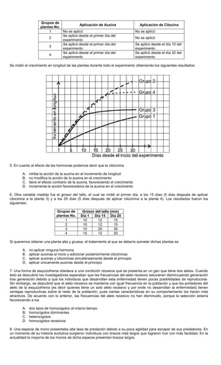 Grupos de
plantas No.
Aplicación de Auxina Aplicación de Citocina
1 No se aplicó No se aplicó
2
Se aplicó desde el primer día del
experimento
No se aplicó
3
Se aplicó desde el primer día del
experimento
Se aplicó desde el día 10 del
experimento
4
Se aplicó desde el primer día del
experimento
Se aplicó desde el día 20 del
experimento
Se midió el crecimiento en longitud de las plantas durante todo el experimento obteniendo los siguientes resultados:
5. En cuanto al efecto de las hormonas podemos decir que la citocinina
A. inhibe la acción de la auxina en el incremento de longitud
B. no modifica la acción de la auxina en el crecimiento
C. tiene el efecto contrario de la auxina, favoreciendo el crecimiento
D. incrementa la acción favorecedora de la auxina en el crecimiento
6. Otra variable medida fue el grosor del tallo, el cual se midió el primer día, a los 15 días (5 días después de aplicar
citocinina a la planta 3) y a los 25 días (5 días después de aplicar citocinina a la planta 4). Los resultados fueron los
siguientes:
Grosor del tallo (mm)Grupos de
plantas No. Día 1 Día 15 Día 20
1 10 12 15
2 10 12 15
3 10 20 30
4 10 12 25
Si queremos obtener una planta alta y gruesa, el tratamiento al que se debería someter dichas plantas es
A. no aplicar ninguna hormona
B. aplicar auxinas al inicio y adicionar posteriormente citocininas
C. aplicar auxinas y citocininas simultáneamente desde el principio
D. aplicar únicamente auxinas desde el principio
7. Una forma de esquizofrenia obedece a una condición recesiva que se presenta en un gen que tiene dos alelos. Cuando
ésto se descubrió los investigadores esperaban que las frecuencias del alelo recesivo estuvieran disminuyendo generación
tras generación debido a que los individuos que desarrollan esta enfermedad tienen pocas posibilidades de reproducirse.
Sin embargo, se descubrió que el alelo recesivo se mantenía con igual frecuencia en la población y que los portadores del
alelo de la esquizofrenia (es decir quienes tiene un solo alelo recesivo y por ende no desarrollan la enfermedad) tienen
ventajas reproductivas sobre el resto de la población, pues ciertas características en su comportamiento los hacen más
atractivos. De acuerdo con lo anterior, las frecuencias del alelo recesivo no han disminuido, porque la selección estaría
favoreciendo a los
A. dos tipos de homocigotos al mismo tiempo
B. homocigotos dominantes
C. heterocigotos
D. homocigotos recesivos
8. Una especie de mono presentaba alta tasa de predación debido a su poca agilidad para escapar de sus predadores. En
un momento de su historia evolutiva surgieron individuos con brazos más largos que lograron huir con más facilidad. En la
actualidad la mayoría de los monos de dicha especie presentan brazos largos.
 