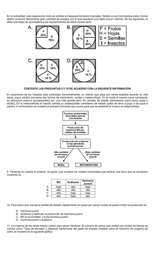 En la actualidad, esta especie de mono es exitosa en bosques húmedos tropicales. Debido a sus movimientos estos monos
deben consumir diariamente gran cantidad de energía, por lo que requieren una dieta rica en calorías. De las siguientes, la
dieta que mejor se acomodaría a los requerimientos de estos monos sería
CONTESTE LAS PREGUNTAS 9 Y 10 DE ACUERDO CON LA SIGUIENTE INFORMACIÓN
El crecimiento de los insectos está controlado hormonalmente, un insecto que pasa por varios estadios durante su vida
(larva, pupa, adulto) pre-senta dos formas de crecimiento: mudas y metamorfosis. En la muda el insecto crece cambiando
su estructura externa (exoesqueleto) por una más grande pero sin cambiar de estado (permanece como larva, pupa o
adulto). En la metamorfosis el insecto cambia su exoesqueleto cambiando de estado (pasa de larva a pupa o de pupa a
adulto). A continuación se muestra el proceso hormonal que ocurre para que se presente la muda o la metamorfosis
9. Teniendo en cuenta lo anterior, la opción que muestra los niveles hormonales que tendría una larva que se encuentra
mudando es
BH Ecdisona
Hormona
Juvenil
A. baja alta baja
B. alta alta alta
C. alta baja baja
D. alta baja alta
10. Para hacer que una larva cambie de estadio rápidamente sin pasar por varias mudas se podría inhibir la producción de
A. hormona juvenil
B. ecdisona y estimular la producción de hormona juvenil
C. BH en el encéfalo y la de hormona juvenil
D. hormona juvenil y ecdisona
11. La mayoría de las ranas macho cantan para atraer hembras. El número de cantos que emiten por unidad de tiempo se
conoce como "Tasa de llamada" y depende fuertemente del gasto de energía (medido como el consumo de oxígeno) tal
como se muestra en la siguiente gráfica:
 